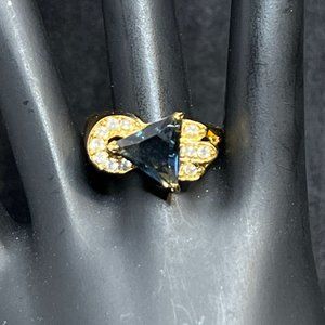 Roman Gold Tone, Blue Triangle And Clear Rhinestone Statement Ring Sz9 (R296)